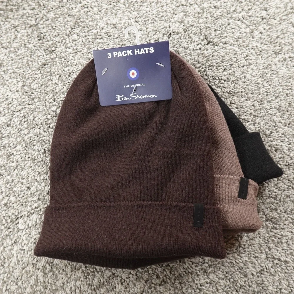 NEW Ben Sherman Hat Beanie Cap Mens One Size Black Brown Beige Knit 3 Pack Warm